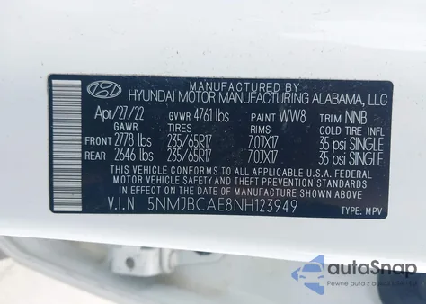 2022 Hyundai Tucson Sel z USA, uszkodzony, nr VIN 5NMJBCAE8NH123949